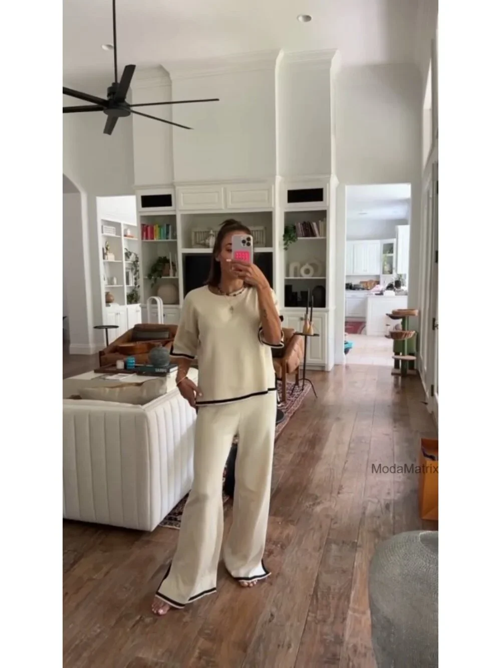 Knit 2 Piece Sweater Set Lounge Set Short Sleeve Pullover Wide Leg Pants